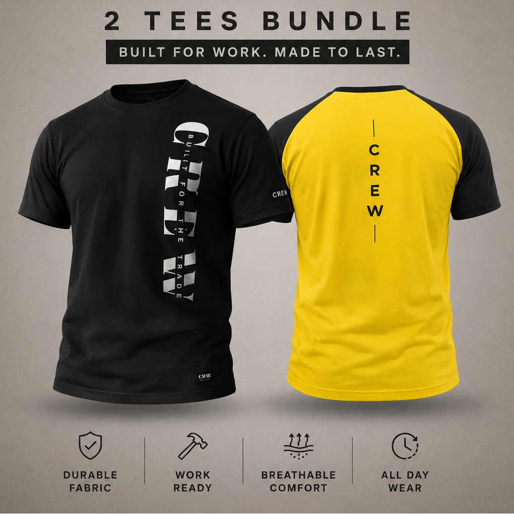 A promotional graphic for a 2-tees bundle showing two crew-neck t-shirts: one black with a vertical white 'CREW' graphic on the front, and one yellow with black raglan sleeves and a vertical black 'CREW' print on the back. Large 'CRW' branding and the text '2 TEES BUNDLE' appear above, with feature icons below on a warm gray background.