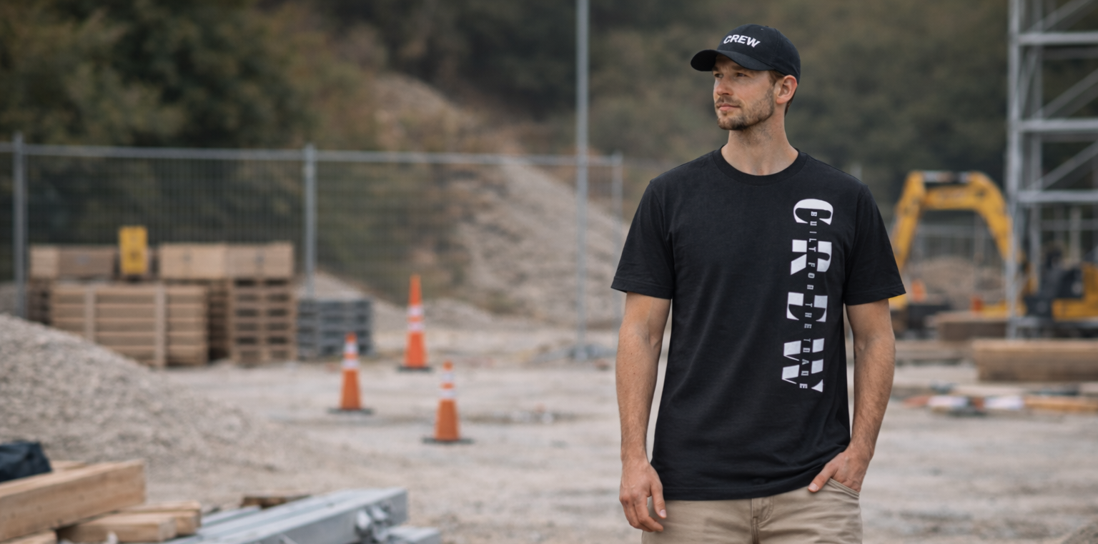 Man wearing a black t-shirt with white text and beige shorts standing in an outdoor construction area.