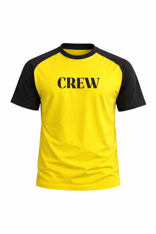 CREW yellow and black short sleeve work T-shirt with contrast sleeves and chest logo on white background