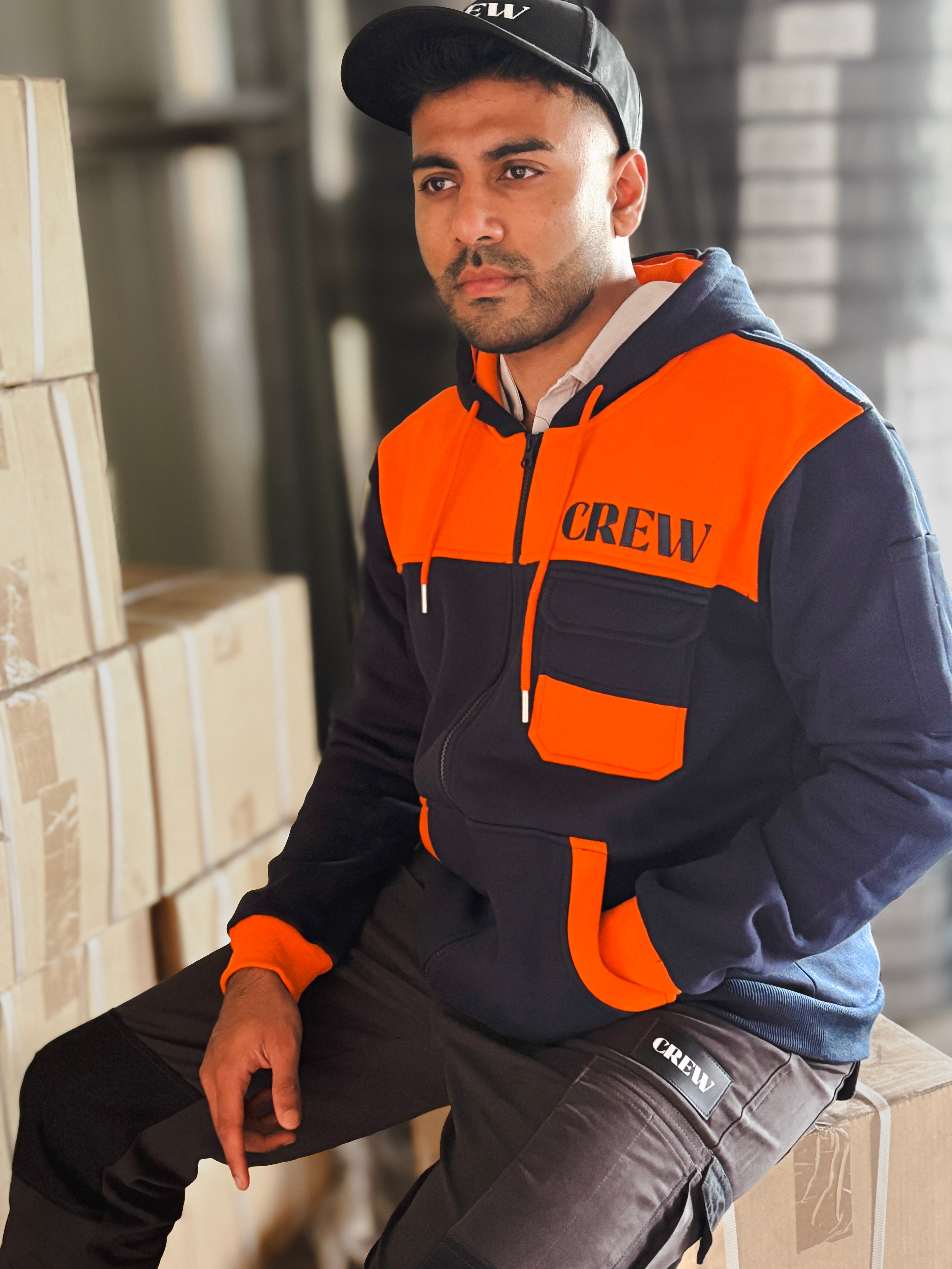 Heavy-duty CREW workwear hoodie jacket with utility pockets
